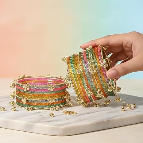 Kashmiri Ghungroo Glass Bangle Set for Women | Raindrop Bangles Set | Trendy Ethnic Chudi Set For Party Wedding Festival | Set Of 16 Bangles | Multicolor - الصورة 4