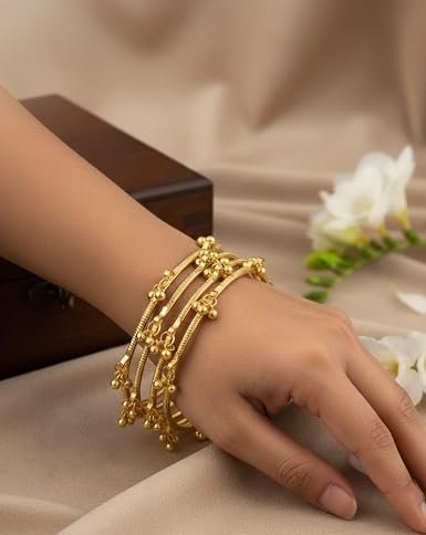 Kashmiri Traditional Bangles Set for Women | Gold Plated/Silver Plated Handcrafted Ghungroo Bangles | Ethnic Bridal Festive Jewellery | Pack of 4 - الصورة 6