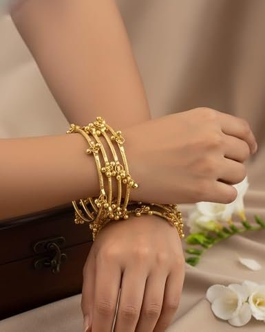 Kashmiri Traditional Bangles Set for Women | Gold Plated/Silver Plated Handcrafted Ghungroo Bangles | Ethnic Bridal Festive Jewellery | Pack of 4 - الصورة 3