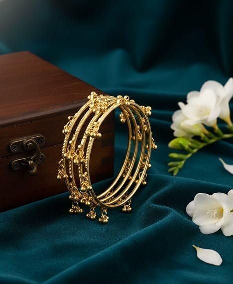 Kashmiri Traditional Bangles Set for Women | Gold Plated/Silver Plated Handcrafted Ghungroo Bangles | Ethnic Bridal Festive Jewellery | Pack of 4 - الصورة 2